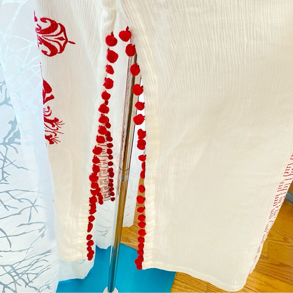 MISA WHITE RED EMBROIDERED SEVA CALIA POM POM TRIM TUNIC MAXI DRESS - Picture 5 of 11
